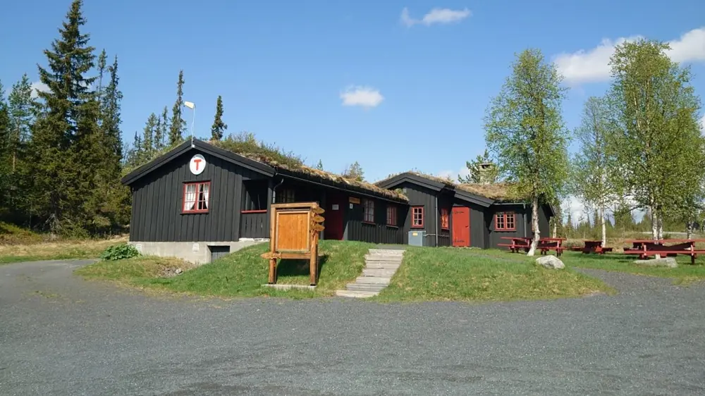 Hytte med plen og trær rundt