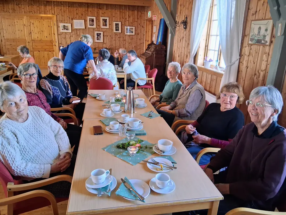 Mange eldre mennesker sitter rundt et bord.