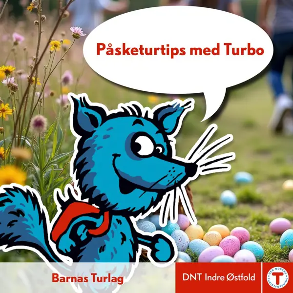 Illustrasjon av den blå fjellreven Turbo i front, med blomster og påskeegg i bakgrunnen.
