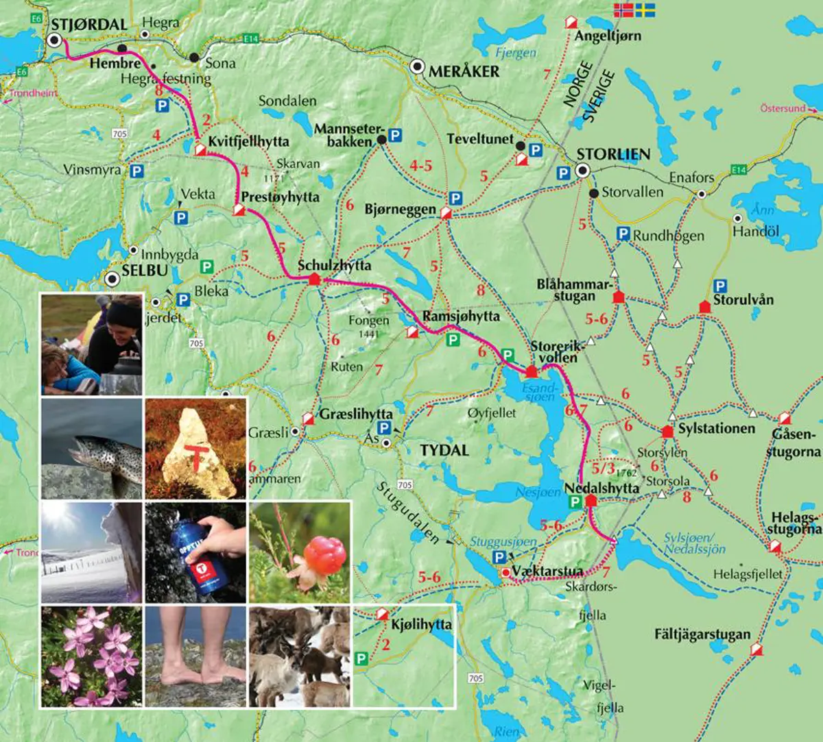 Et kartutsnitt, med flere små innfelte bilder som viser ting man kan se i området
