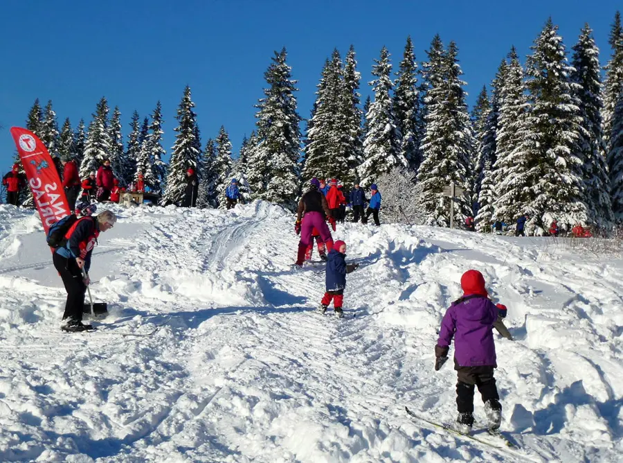 Barn leker på ski i akebakke