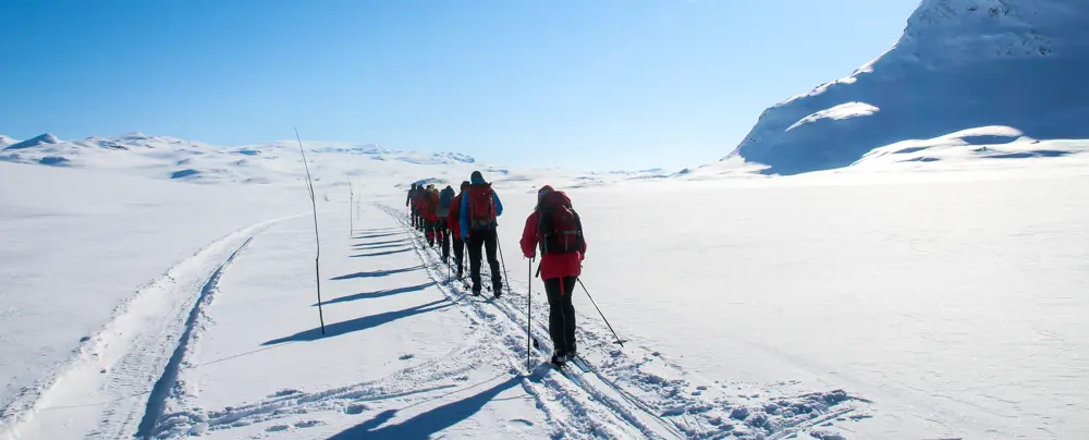 Flere personer som går på fjellski innover vinterfjellet