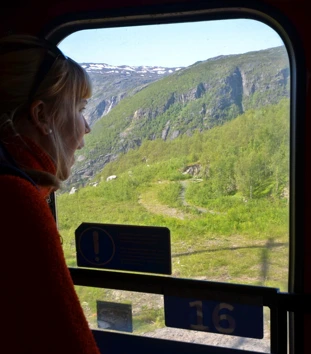 Dame kikker ut av togvindu