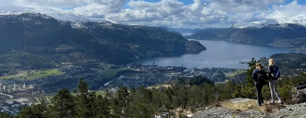 Utsikt over fjell og fjord. Foto.