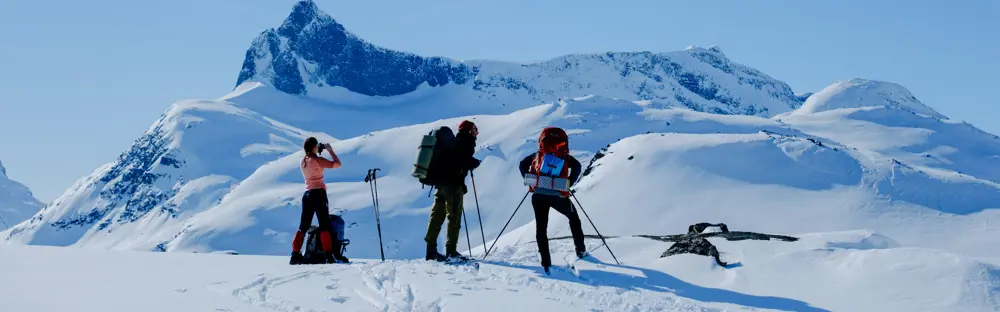 Tre personer på ski som ser utover et snødekket landskap 