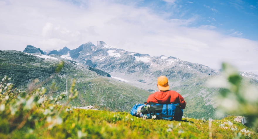 en person som sitter i en blomstereng med fjell i bakgrunnen