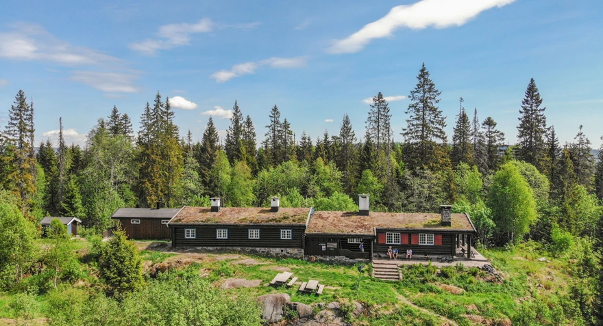 Svart tømmerhytte med torv på taket i barskog