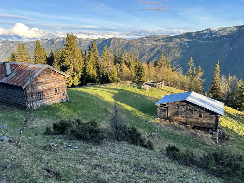 Gammel heigård på nordøstsiden av Bandak i Tokke kommune. Ser husene og fjellene på andre siden av Bandak
